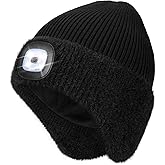 MELASA Winter Fleece Line LED Beanie with Earflap, USB Rechargeable Outdoor Warm Hats with The Light Gifts for Men