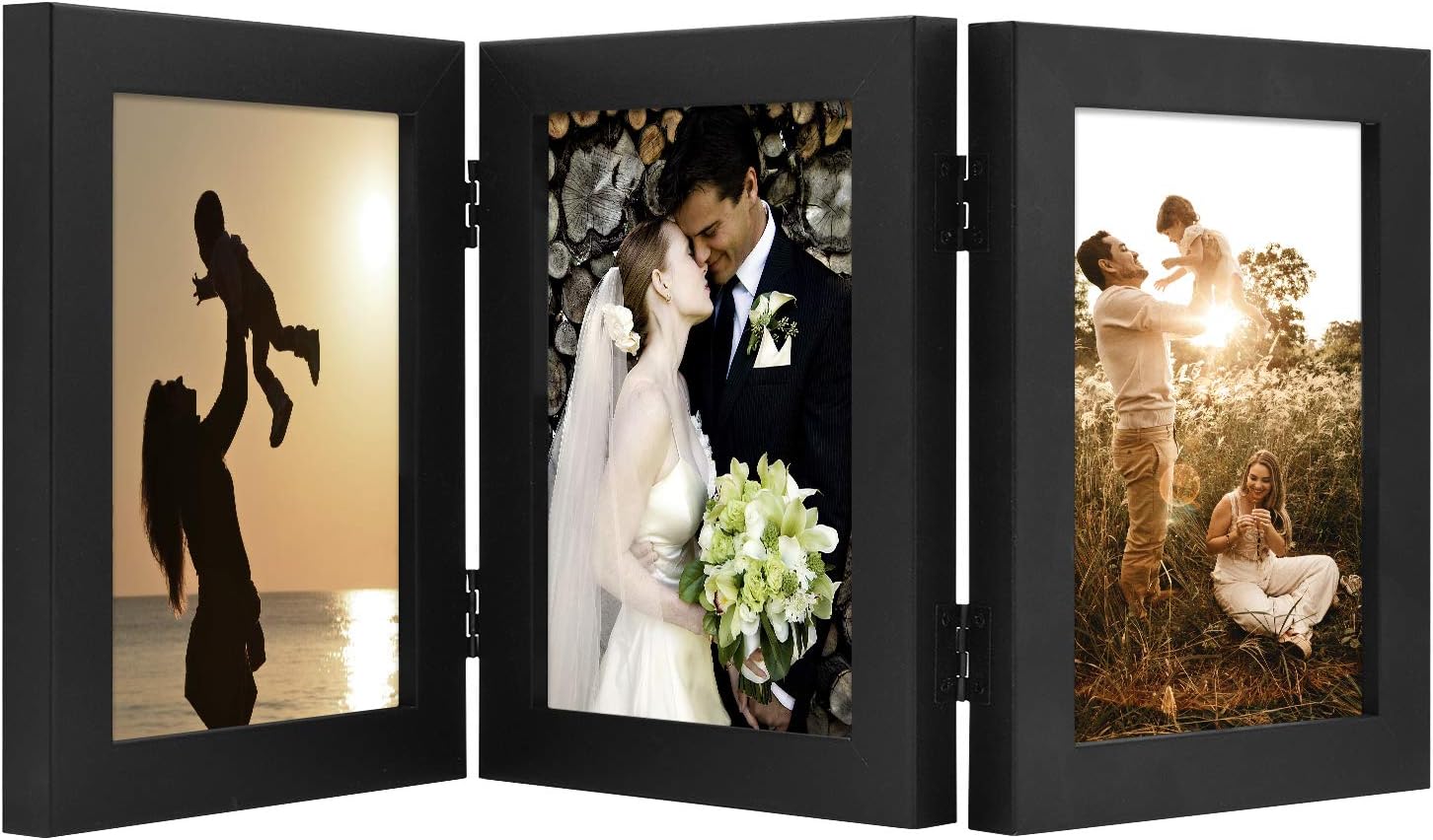 Photo Albums, Frames & Accessories - Golden State Art, 5x7 Three Picture Frame Trifold Hinged Photo Frame with 3 Openings, Desk Top Family Picture Collage, with Real Glass (5x7 Triple, Black, 1-Pack)
