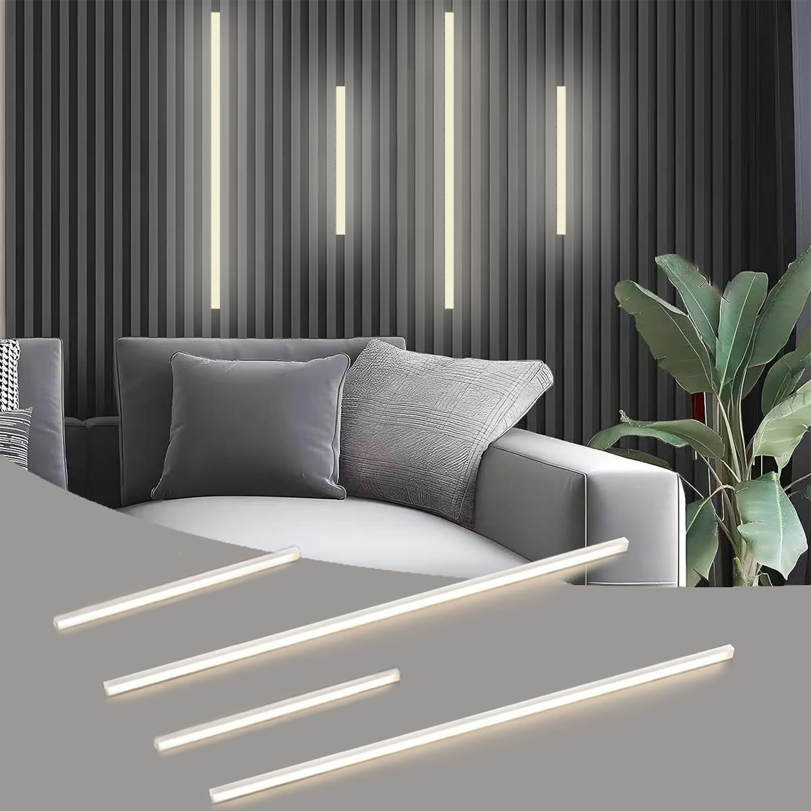 Photo 1 of Besseto LED Wall Panel Light,Wood Slat Wall Panel LED Strip Light,3000K Touchable Switch Dimmable LED Aluminum Channel Light for Living Room Bedroom Bathroom Stairs (Silver-4PCS)