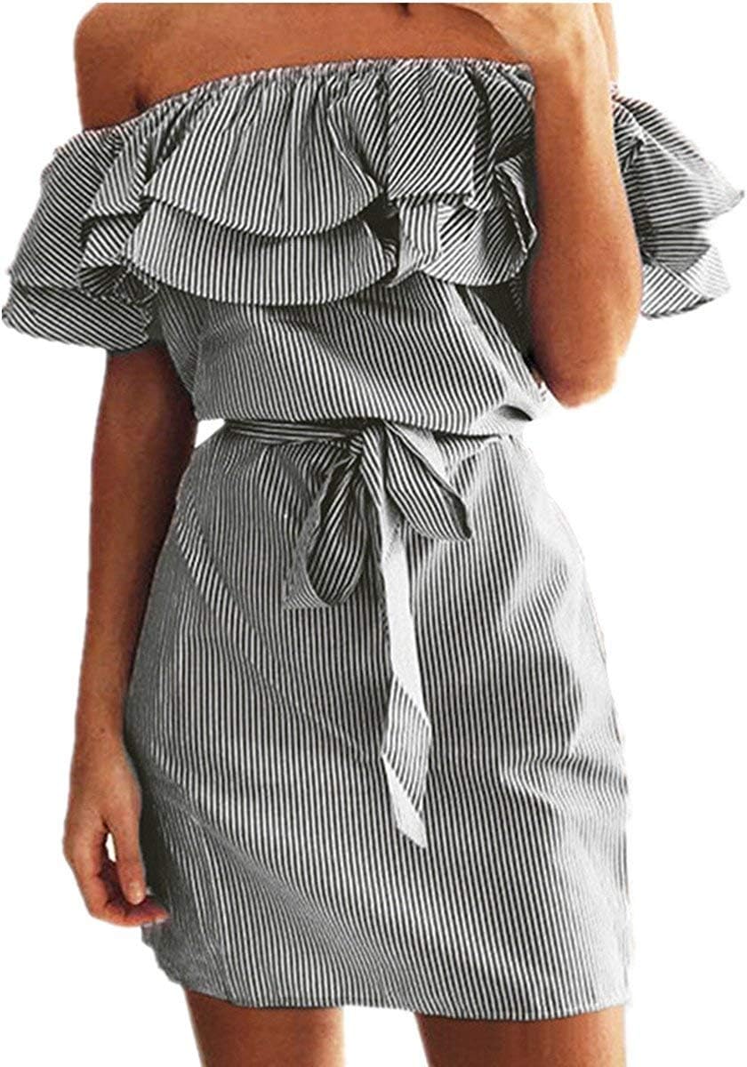 FACE N FACE Women's Casual Off Shoulder Striped Ruffles Strapless Short Dresses Mini Dresses