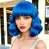 HWHRGL Blue Wigs with Bangs for Women 14inch loose wavy bob Wig With Bangs Curly Wavy Shoulder Length Bob Synthetic Wigs Colorful Wavy Wigs for Cosplay Daily Party Use Halloween Wig (Blue, 14 Inch)
