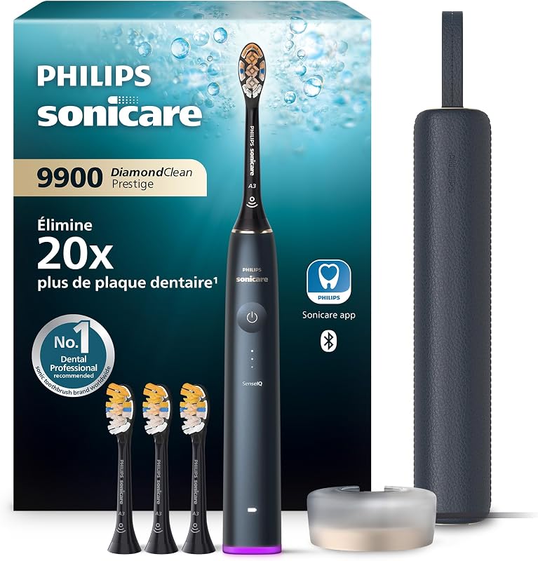 Sonicare - Brosse à dents électrique DiamondClean 9900 Prestige, avec technologie SenseIQ et application, 5 modes de brossage, 3 niveaux d'intensité, étui de voyage, Bleu nuit, HX9992/45