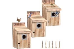 Dreyoo 3 Pack Cedar Bluebird Box Houses for Outside, 1-1/2” Entrance Hole Wooden Bird Houses with Metal Predator Guard, Secure Latch, Fledgling Grooves, Air Vents for Bluebird Wren Swallow Finch