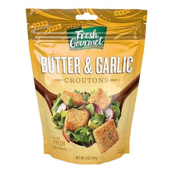 FRESH GOURMET PREMIUM CROUTONS | BUTTER & GARLIC | 5 OUNCE, PACK OF 6 | CRUNCHY SALAD TOPPER