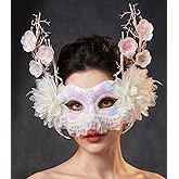 Maeaccx White Masquerade Mask Lace Flower Branch, Phantom of the Opera Antifaz, Elegant Carnival Party Costume Accessories