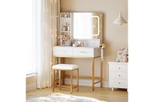 Vanity Desk, Makeup Vanity Desk with Mirror and Lights 3 Colors, Dressing Table with Chair, Makeup Table Set with 4 Drawers, 