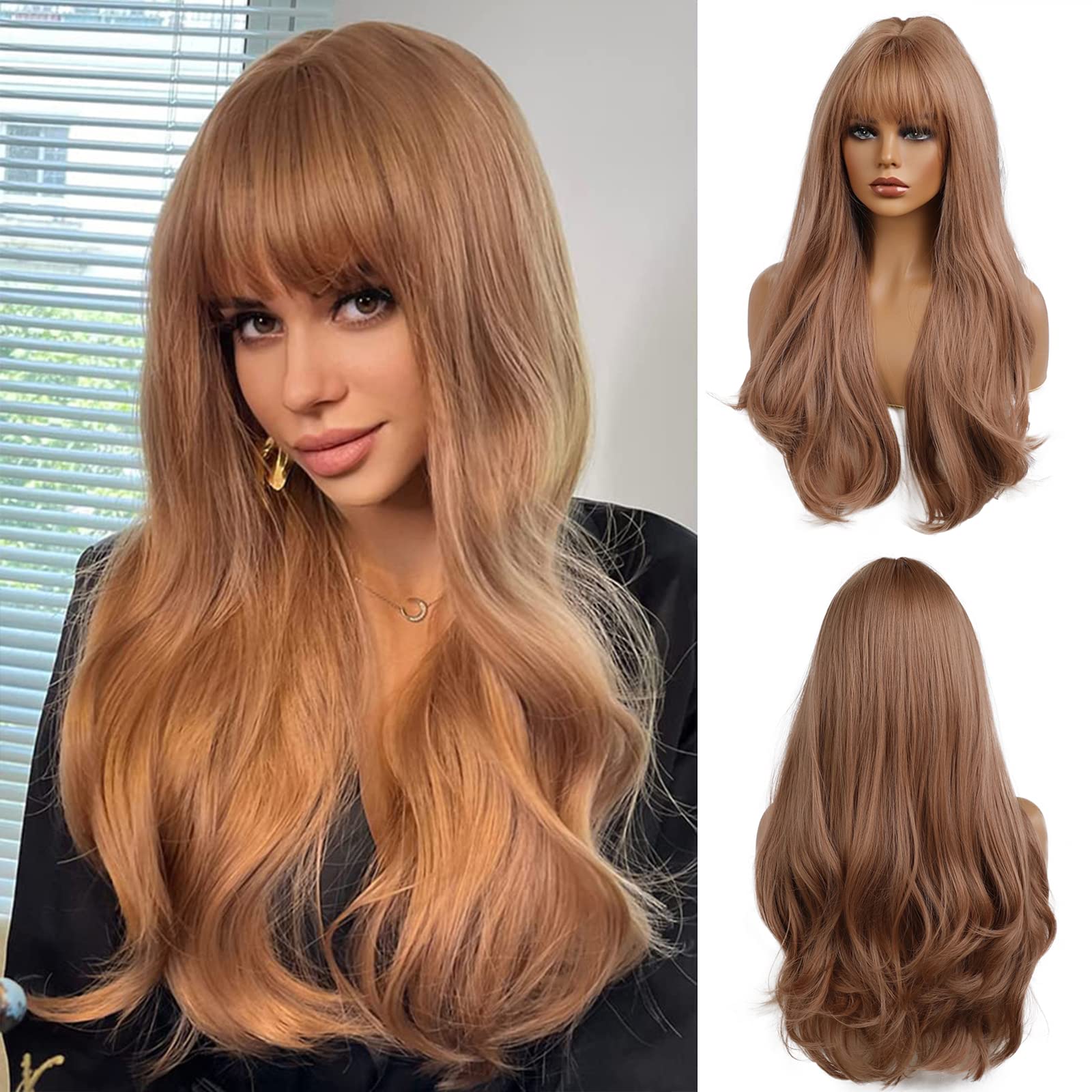 Esmee 24 Inches Strawberry Blonde Long Wavy Wig with Bangs for Women Natural Synthetic Hair Heat Resistant Wigs for Daily Party Cosplay Wear — image 1