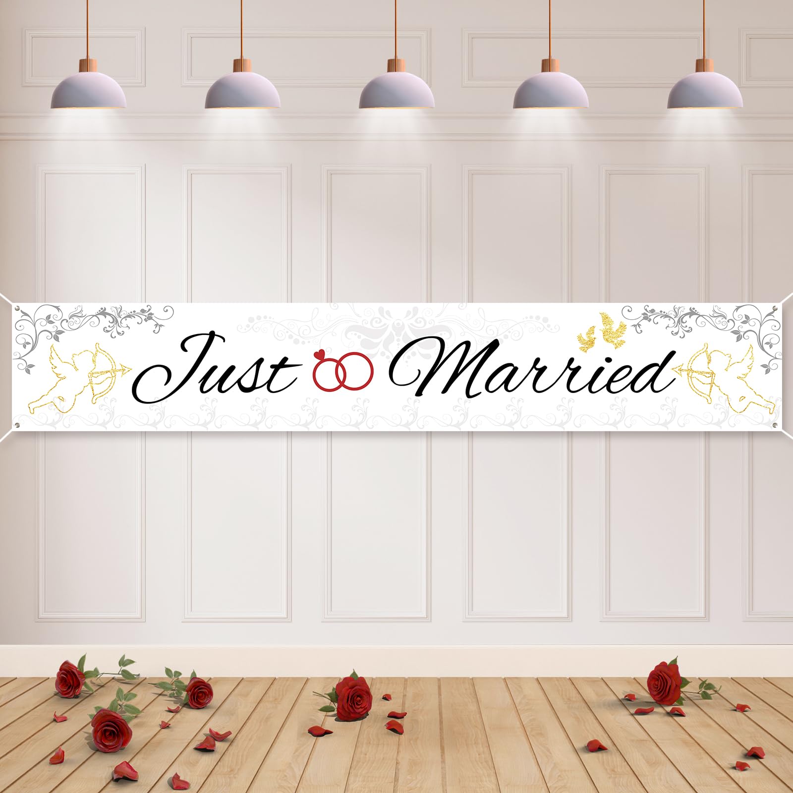 Koliphy Just Married Wedding Banner, White, 180 x 30cm, Polyester, Rectangular, Wall Mount, Digital Printing, Reusable, Can be Used in The Rain, Wedding, Propose Marriage