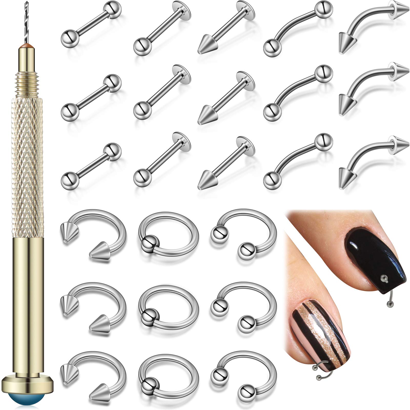 Photo 1 of 25 Pieces Nail Art Dangle Charms with Piercing Tool Hand Drill, Nail Jewelry Rings Charms Pierced Art Supplies for Tips, Acrylic, Gels Decorations(Silver)