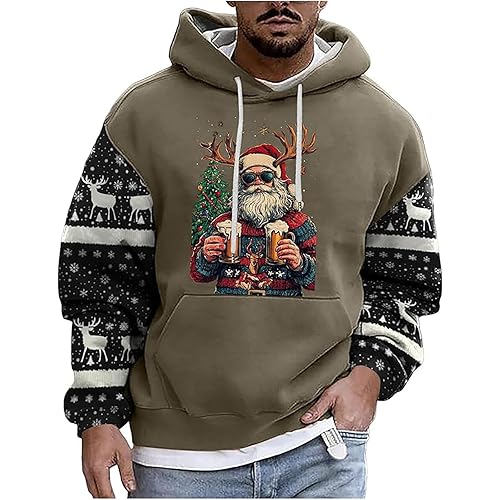 Men'S Hoodie Christmas Costume 11D Printed Reindeer Long Sleeve Jumper Christmas Hoodies For Men Ugly Xmas Jumper Festive Sweaters Pullover Xmas Sweatshirt Jumpers Santa Sweatshirt Brown