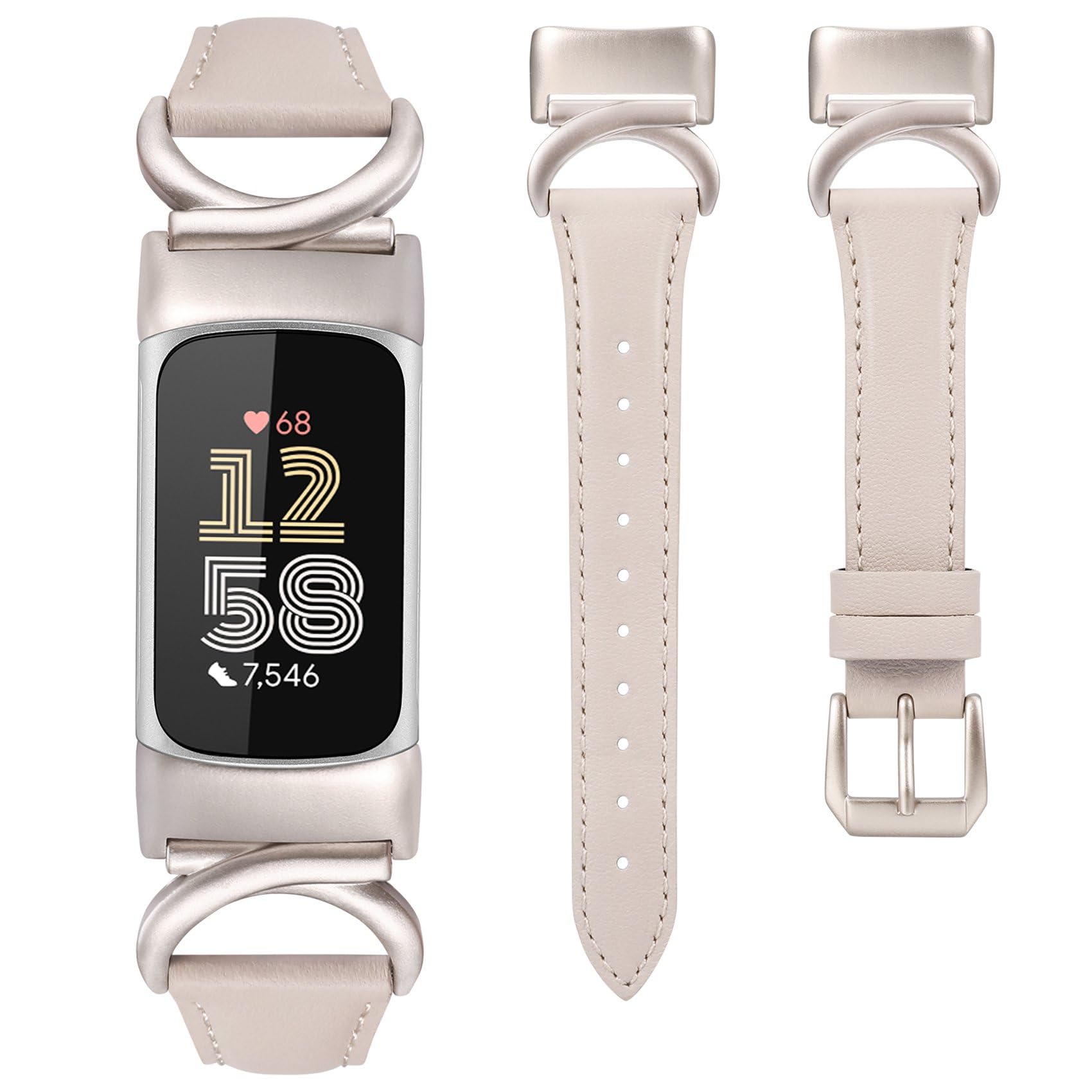 TOYOUTHS Leather Straps Compatible with Fitbit Charge 6/Charge 5 Strap Women, Slim Thin Elegant Dressy Designer Premium Leather Strap with C-Shape Metal Buckle for Charge 6/5, Starlight/Starlight