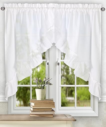 Ellis Curtain Stacey Sheer Ruffled Swag, White, 60 x 38