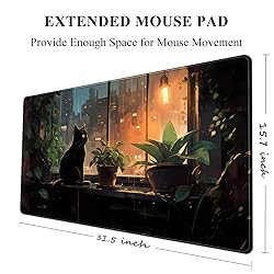 Black Cat Desk Mat Green Plants Desk Pad Anime