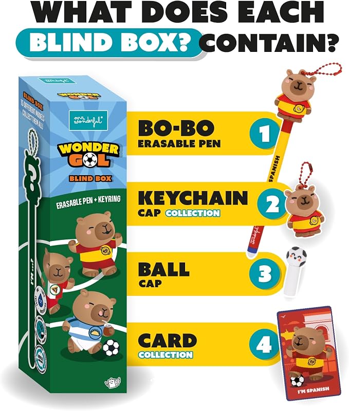 Wonder Gol Blind Box Penna Cancellabile Sorpresa con Portachiavi Capibara, Penne Collezionabili, Inchiostro Blu
