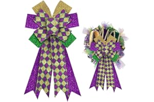 ALIBBON Large Mardi Gras Bows for Wreaths, Mardi Gras Wreath Bows, Glitter Purple Green Gold Bows, Buffalo Plaid Bows for Front Door, Mardi Gras Decorations Bows for Mardi Gras Carnival Decor