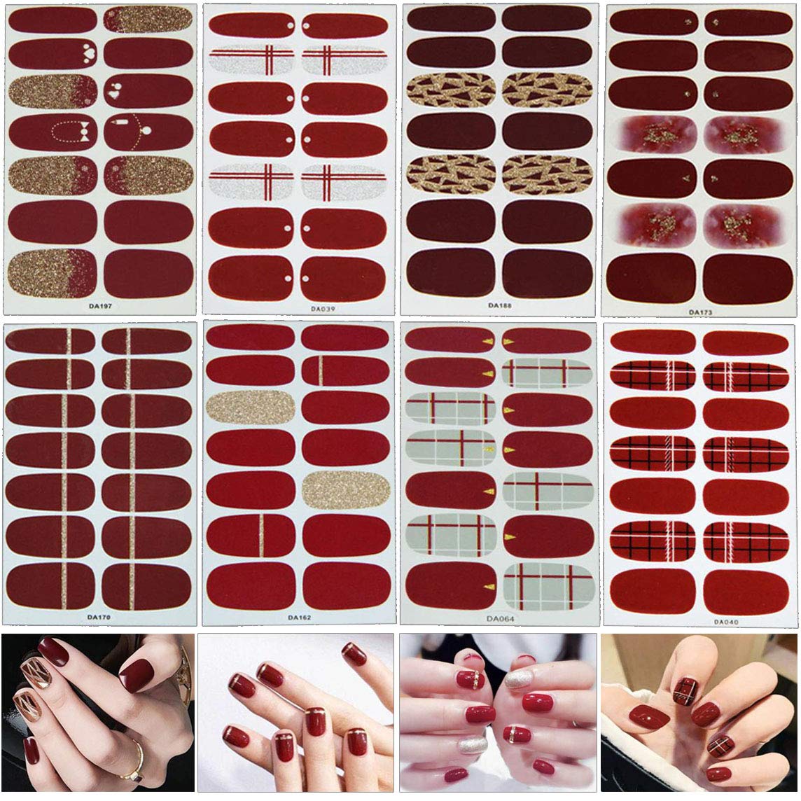 Mwoot Nail Stickers, 8 Sheets Nail Polish Stickers Strips Red color Shine Full Wraps Nail Art Adhesive Decals,Nail Art Designs for Women Girls