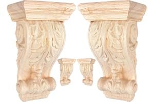 4 inch-W 2.4 inch-D 7 inch-H Wood Carved Corbels, TCHOSUZ 4 -Pack Antique Traditional Unfinished Wooden Carving DIY Decorative Scrolled Millwork Brackets for Countertop Kitchen Fireplace Mantel