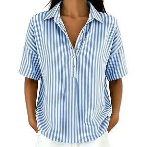Striped Short Sleeve Shirt Women Plus Size Button Collared Tops | Oversized Wide Button Casual Blouse Classic Collar Loose Fi