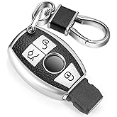 CTRINEWS for Mercedes Benz Key Fob Cover with Leather Keychain, Advanced Soft TPU Surface Grain Key Fob Holder for Classic Style Mercedes Benz Smart Key(Silver)
