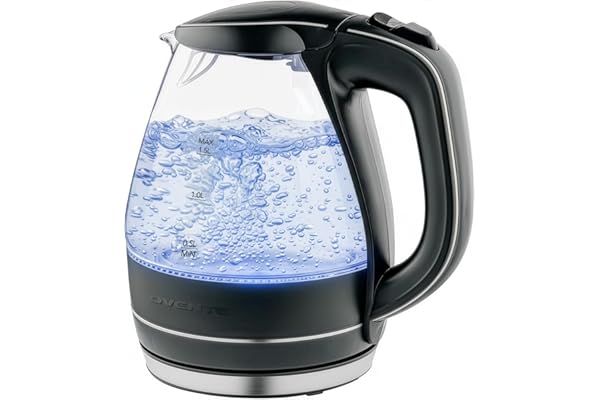 OVENTE 1.5L Glass Electric Kettle Water Boiler, Black KG83B | 1100W Fast Boiling, Borosilicate Glass, BPA-Free, Blue LED, Auto Shut-Off, Boil-Dry Protection, Removable Filter, 360° Base