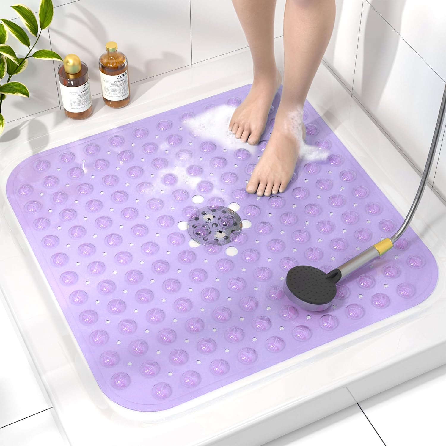HITSLAM Square Shower Mat Non Slip Anti Mould, 53 x 53cm Bath Mat for Tub with Suction Cups and Drain Holes, Machine Washable Bathroom Anti Slip Shower Mat, Soft on Feet, Purple