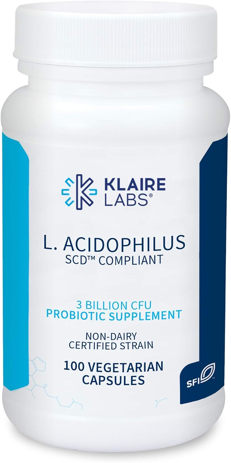 Klaire Labs L. Acidophilus - 3 Billion CFU Lactobacillus Probiotic, Pure SCD Compliant Formula for Men & Women, Hypoallergenic & Non-Dairy (100 Capsules)