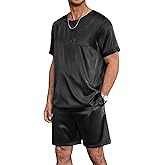 Ekouaer Men Silk Pajamas Set 2 Piece Pjs Soft Satin Sleepwear Shorts Button Down Tops Loungewear with Pockets