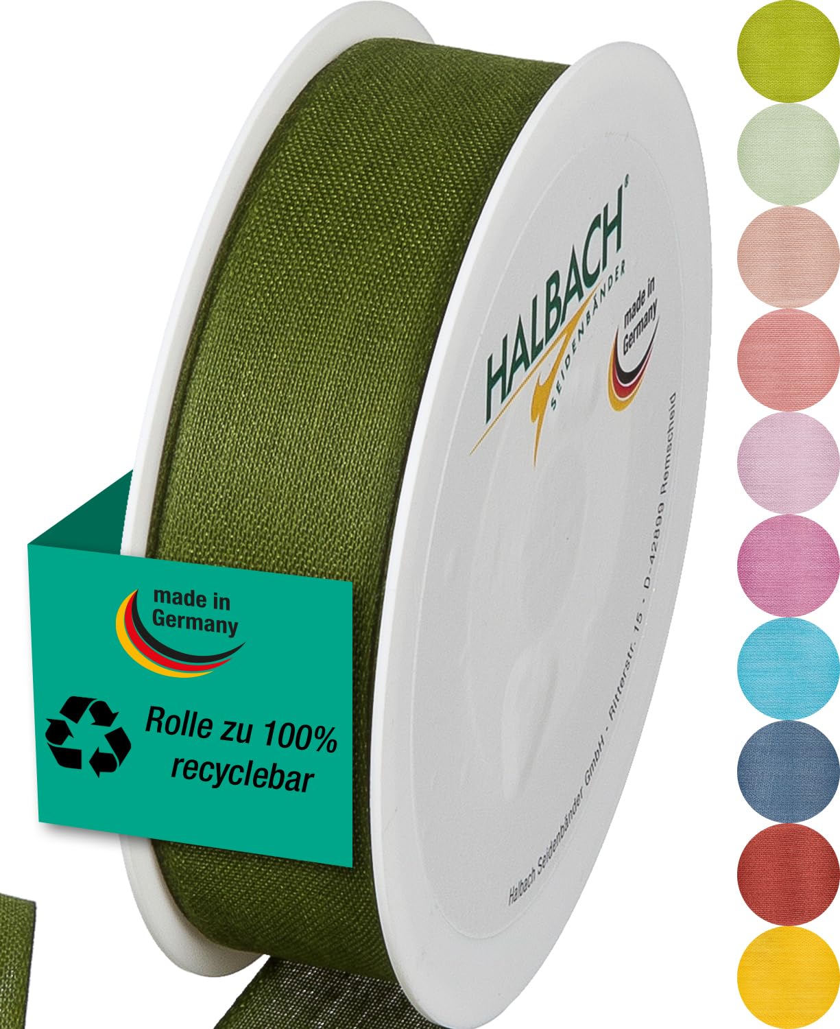 Halbach Seidenbänder Gift Ribbon, Width 25 mm, Length 25 m, Ribbon Made in Germany, Gift Ribbons in a Variety of Colours and Widths Perfect for Packaging and Decorating, Colour: Moss Green
