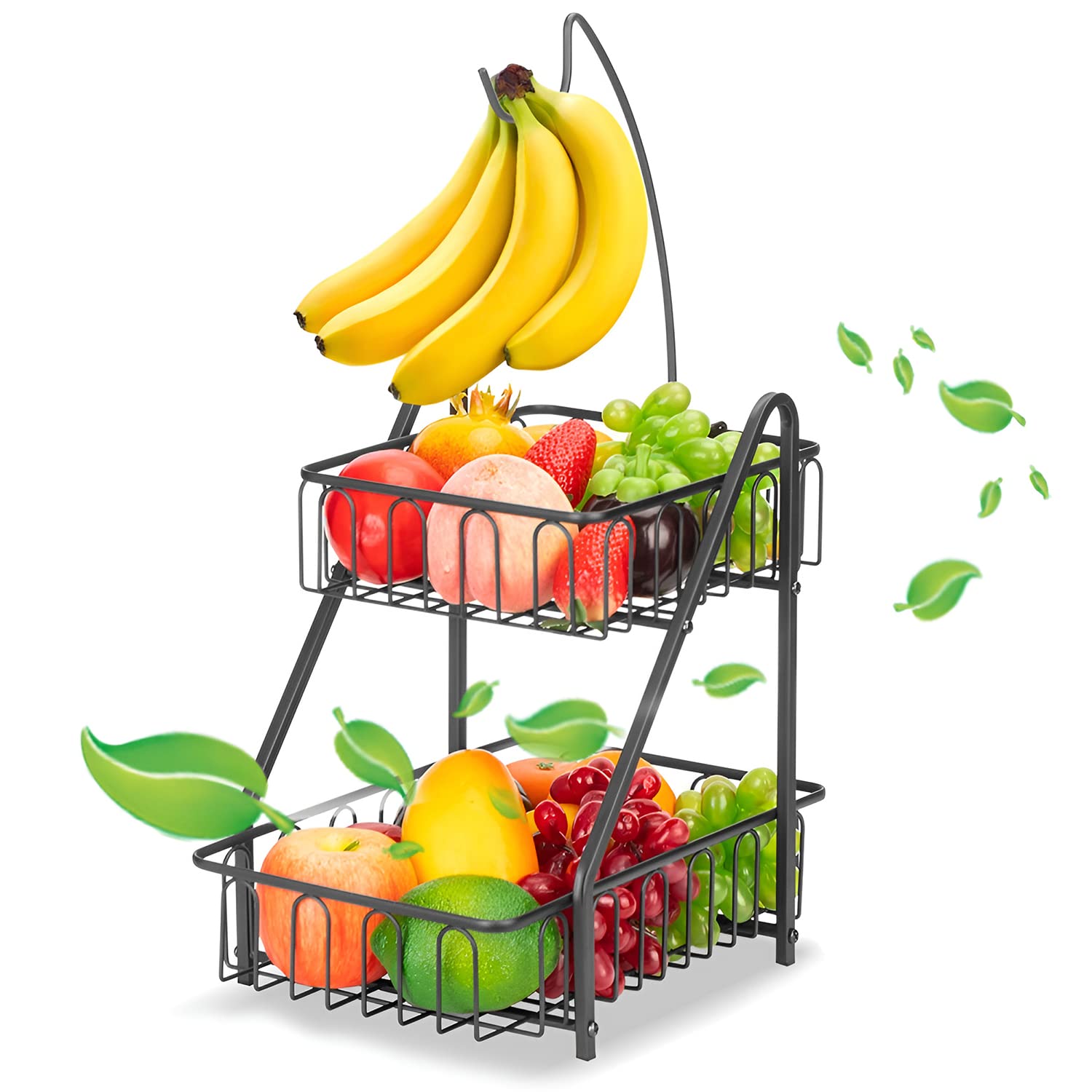Mutool 2 Tier Fruit Racks Fruit Basket with Banana Hook Metal Desktop Fruit Bowls Storage Rack Keeps Fruits and Vegs Fresh (Black)