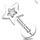 Melighting 16G Sterling Silver 925 Helix Earring Internal Thread 6/8 mm Heart Flat Back Earring Star Lip Stud Labret Cartilage Lip Piercing Jewelry for Women
