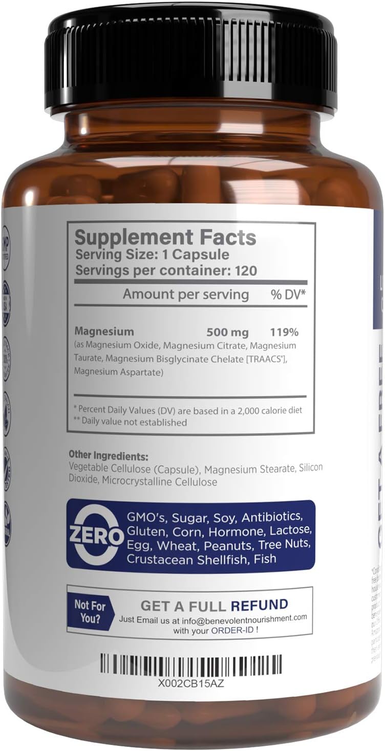 Magnesium Complex 500mg - Magnesium Citrate, Oxide, Taurate, Bisglycinate Chelate TRAACS - Max Absorption Supplement for Sleep, Leg Cramps, Muscle Relaxation, Headaches - 120 Vegan, Non-GMO Capsules: Health & Personal Care