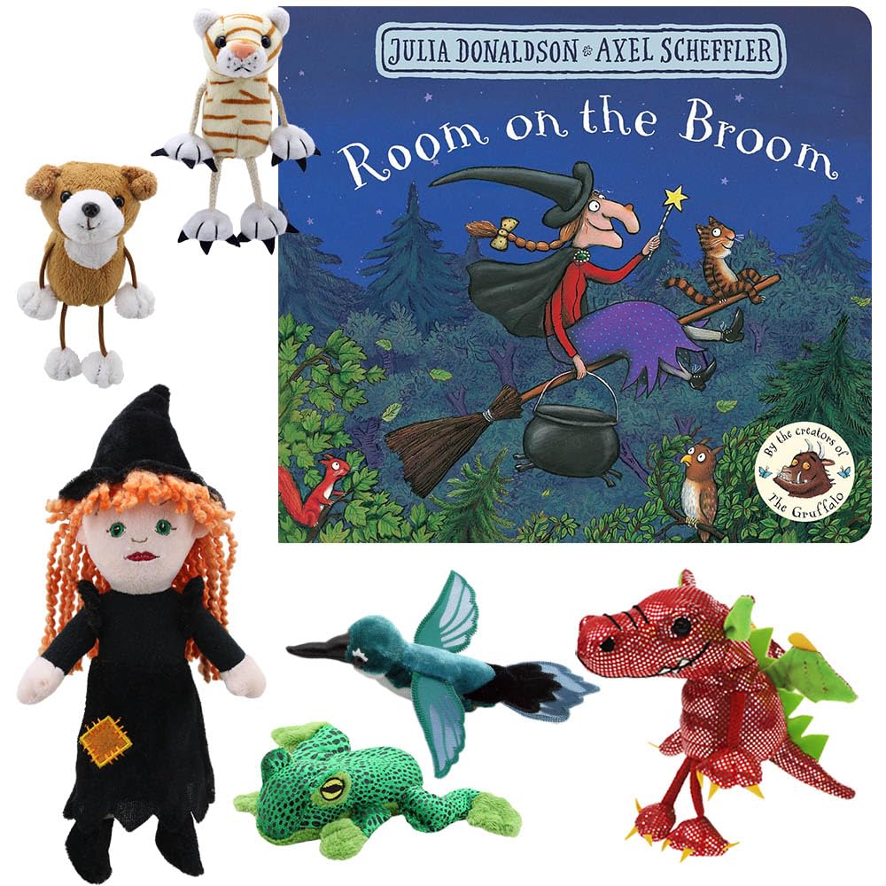 The Puppet Company Room on the Broom by Julia Donaldson - Children's Storybook and Finger Puppet Set (Witch, Red Dragon, Cat, Dog, Frog, Green Bird & Red Velvet Zip-Top Storage Bag with Clear Window)