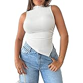 WDIRARA Women's Mock Neck Asymmetrical Hem Tank Top Ruched Side Sleeveless Casual Tank Tops