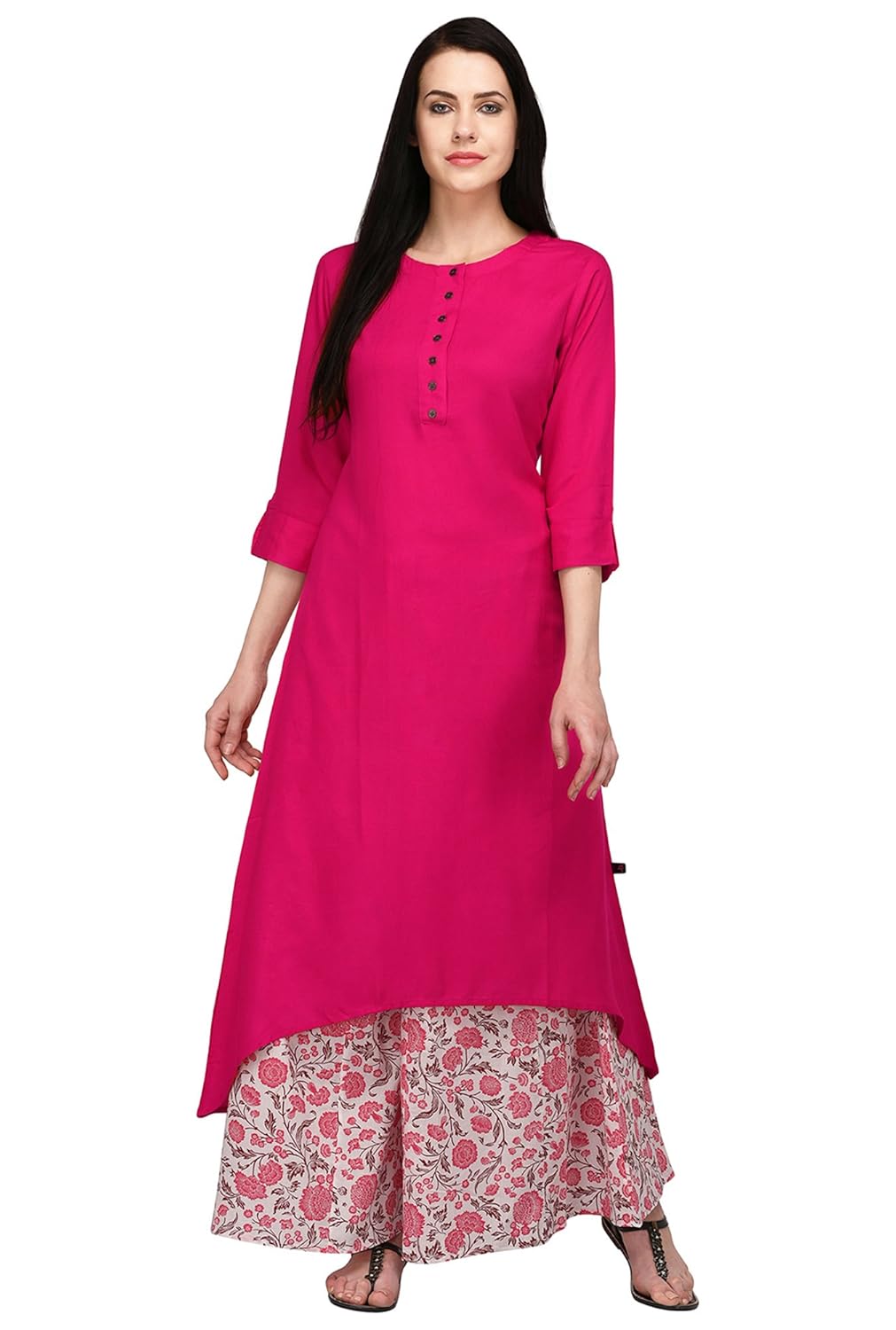 pistaa's women's viscose pink high low kurta with printed palazzo set