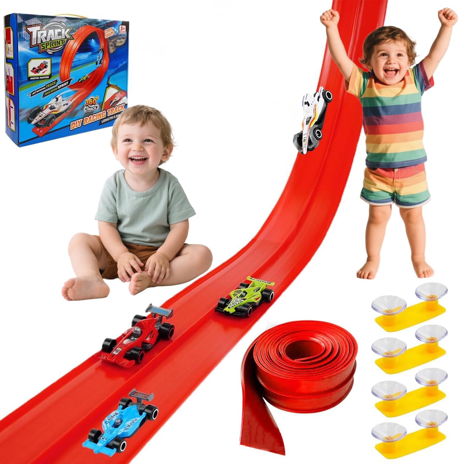 Speed Race Track for Cars, 5M Flexible Car Track Speed Race for Toy Cars with 4 Diecast Cars & Monster Trucks and Flexible DIY Trucks Suction Cup Birthday Gifts for 3 4 5 6 7 8 Year Boys Girls (Red) — image 1