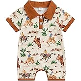 Lesimsam Newborn Baby Boy Western Clothes Cow/Horse Print Romper Jumpsuit Short Sleeve Button Up Collared Bodysuit Outfit
