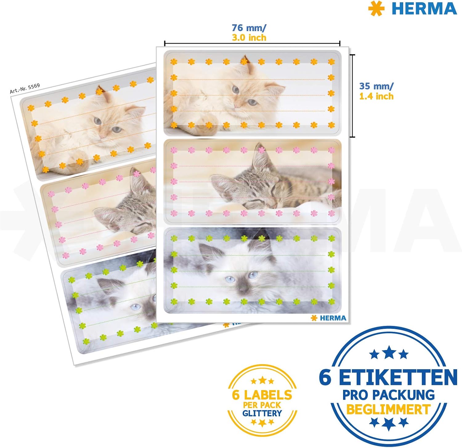 HERMA 5569 Book Labels for Labelling Cats (76 x 35 mm, 6 Name Stickers, Paper, Glitter), Self-Adhesive - Image 3