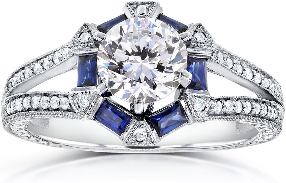 Art Deco Moissanite Blue Sapphire and Diamond Engagement Ring 1 3/5 CTW in Platinum