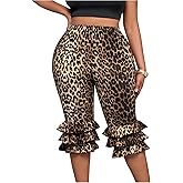 WDIRARA Women's Plus Size Leopard Print Layered Ruffle Skinny Capri Pants Stretch Elastic Waist Leggings