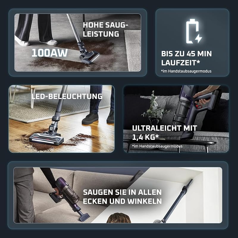 X-Pert 6.60 Essential Akkustaubsauger, 100 W Leistung, 45 Min Laufzeit, kabellos & beutellos, LED-Bürstenkopf, herausnehmbarer Akku, inkl. Fugendüse und Wandhalterung, violett/schwarz, RH6838