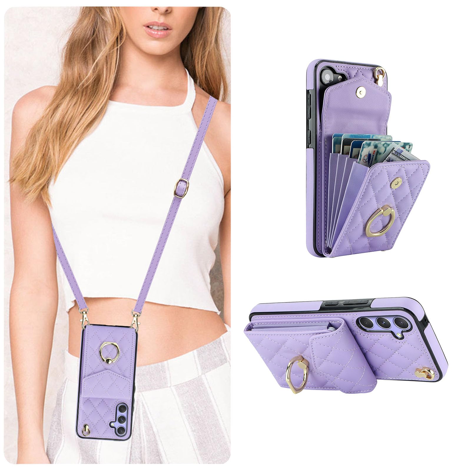 QLTYPRI Crossbody Wallet Case for Samsung Galaxy S25 Plus, PU Leather Phone Case with RFID Blocking Card Slots Holder Ring Kickstand Wrist Strap Lanyard Handbag Purse Cover - Purple