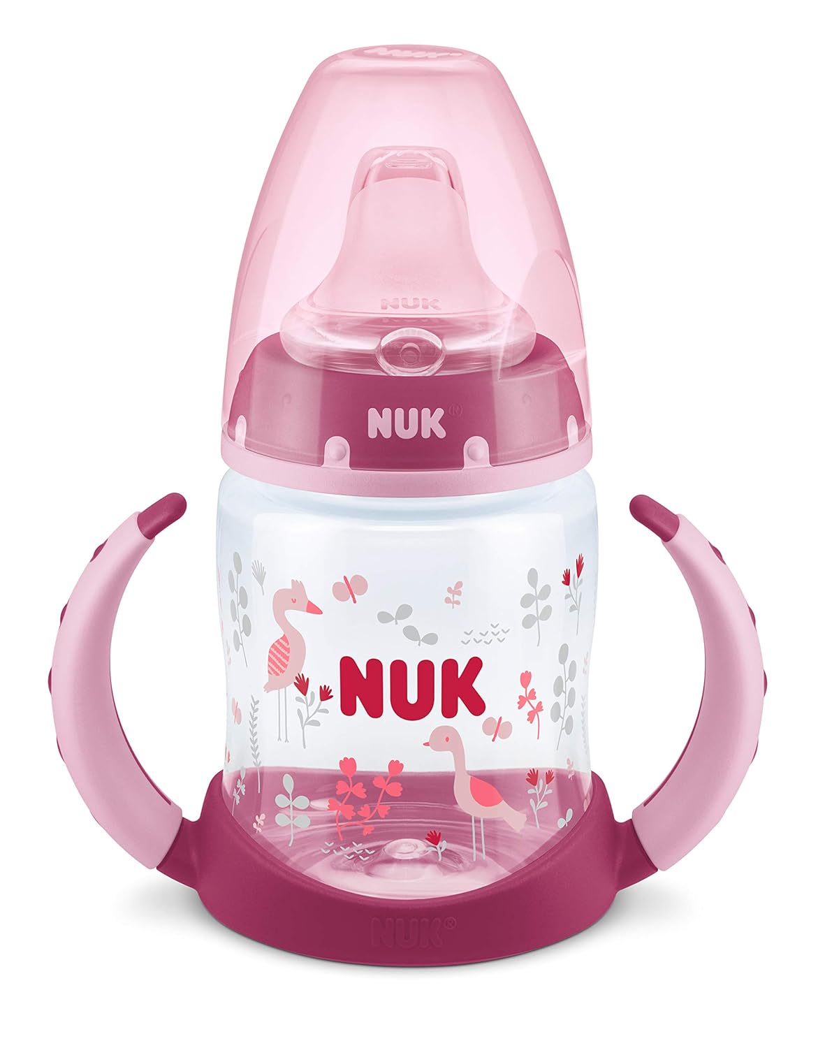 Nuk First Choice Trinklernflasche, Silikon-Trinktülle, 6-18 Monate, 150 ml, Vogel (Rosa)