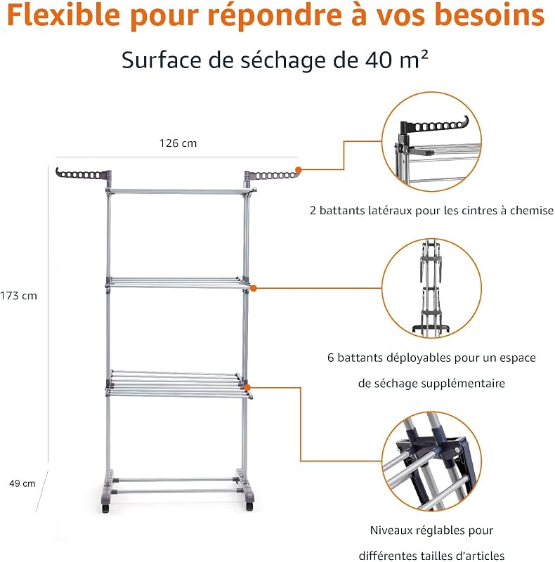 Séchoir à Linge Intérieur, à Ailes Pliables, à 4 Niveaux, 72,9 à 126 x 64 x 173 cm (L x L x H), Argenté, pour Vêtements — photo 3 sur 7