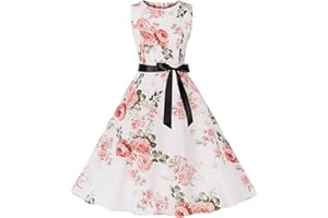 NARHBRG Womens Boatneck Vintage Tea Dress Sleeveless Floral 1950's Tea Dress Retro Swing Prom Cocktail Party Dress for Women