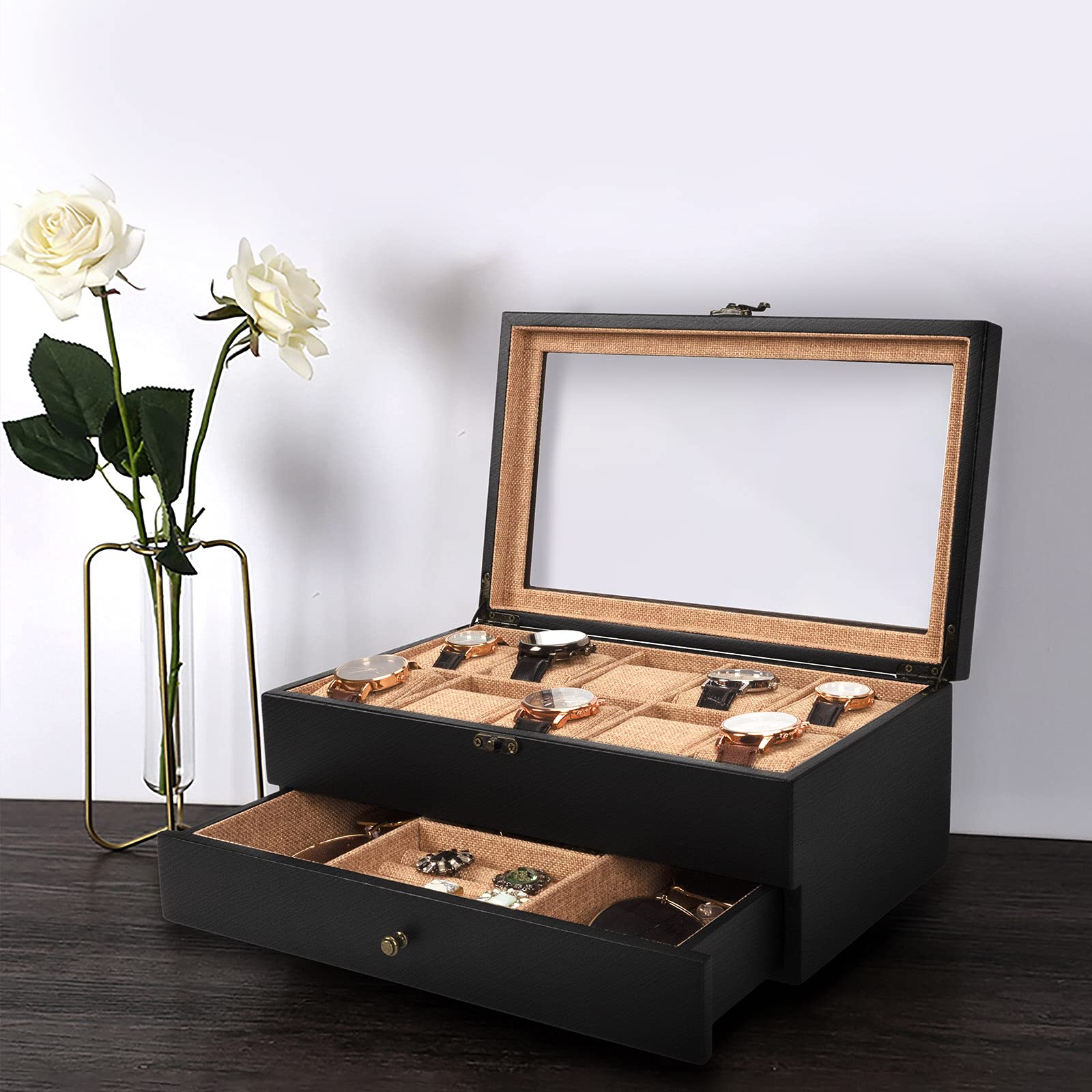 Emfogo Watch Box - 10 Slot Watch Case for Men Women, Wooden Watch Holder Organizer Display for Mens, Gift For Boyfriend Fathers Day Birthday Gifts (Black)