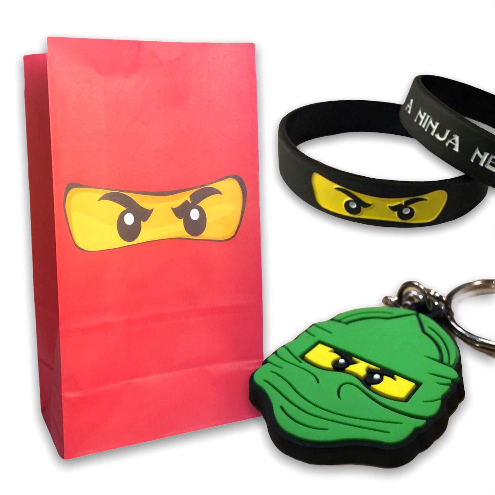 PIXEL Products (36 PC SET | NINJA Party Bag with 2 favours (wristband, keyring) - Birthday Party fillers, favours, loot supplies (12 Sets)