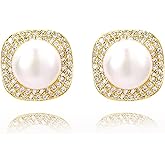 Pearl Earrings Studs 925 Sterling Silver 9MM Cultured Freshwater Pearl Cubic Zirconia Button Stud Earrings