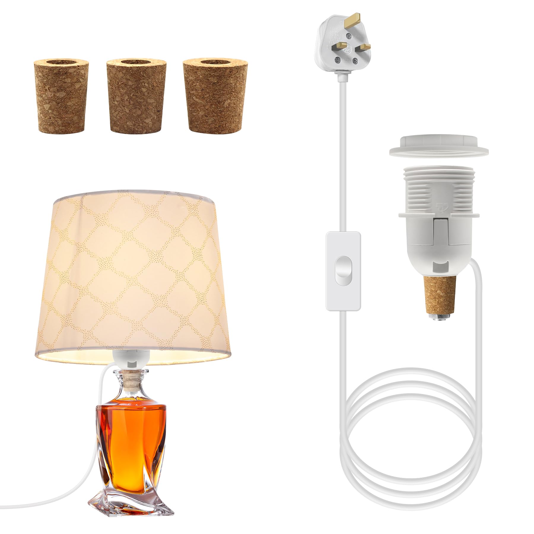 DIY Bottle Lamp Kit, Lamp Kits Do it Yourself, E27 Edison Screw Bottle Lamp Holder Adaptor, Wine Bottle Table Lamp Kit, Support Add Lampshade, With 3 Sizes of Stoppers, 240cm Pendant Lamp Kit