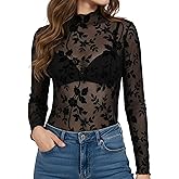 Buauty Women Lace Long Sleeve Tops Floral Mock Neck Mesh Sheer Blouse See Though Shirts Fitted Sexy Going Out Top Date Outfit