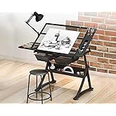 Landpink Glass Drafting Table Art Desk &ndash; Adjustable Professhional Artwork Drawing Drafting Table Desk, Glass-Topped Art Table for Craft Station Studio Home Office School w/Drawers (Black)